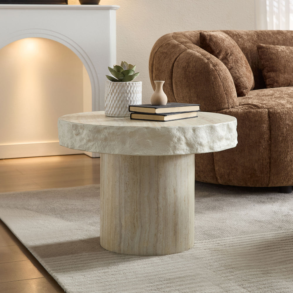 English Elm 23.82 Inch Round Fiberglass Coffee Table Sculptural Stone Texture for Modern Living Rooms W876P450500