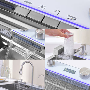 English Elm Pull-out Faucet Stainless Steel Kitchen Sink with Waterfall Spout and Digital Temp Display T3177P370631