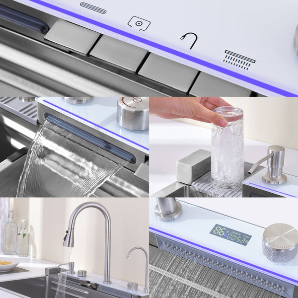 English Elm Pull-out Faucet Stainless Steel Kitchen Sink with Waterfall Spout and Digital Temp Display T3177P370631