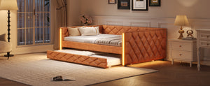 English Elm Full XL Upholstered Daybed with Trundle and Built-In LED Lighting, Tufted Arms, Solid Wood Frame Brown N7090000611D