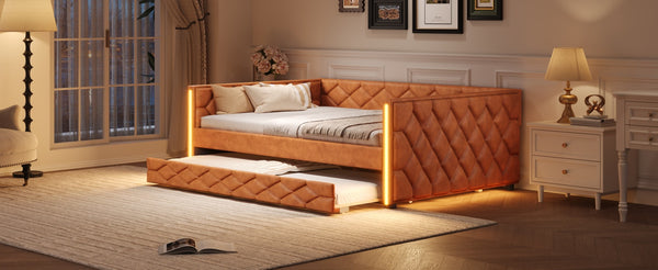 English Elm Full XL Upholstered Daybed with Trundle and Built-In LED Lighting, Tufted Arms, Solid Wood Frame Brown N7090000611D