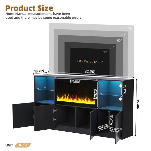 English Elm On-Trend High Gloss Tv Stand With 34.2" Electric Fireplace & Led Lighting, Fits Tvs Up To 75" Black N721S000042B