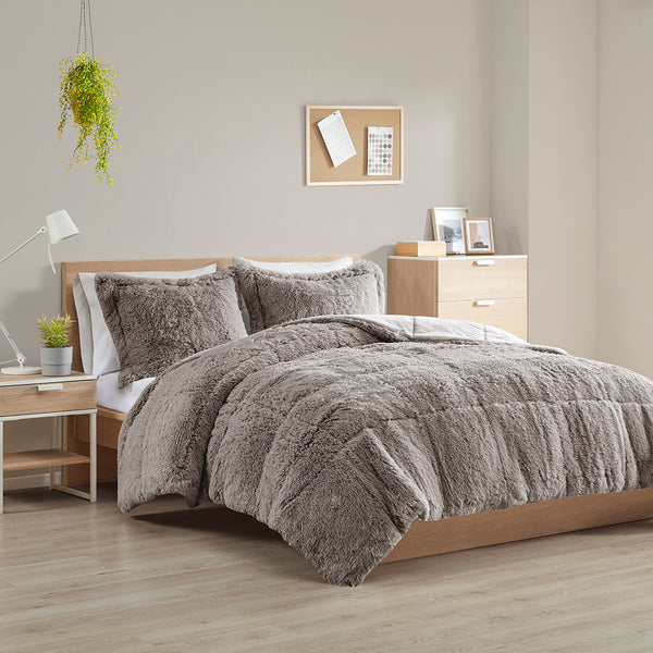 JLA Home Intelligent Design - Shaggy Lux Faux Fur Comforter Mini Set with Plush Reverse for Cozy Layering and Modern Texture Grey ID10-1698