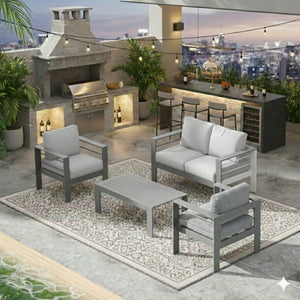 English Elm 4-piece Outdoor Aluminum Conversation Set with Deep Lounge Seating and Wpc Coffee Table Dark Grey B082S00089