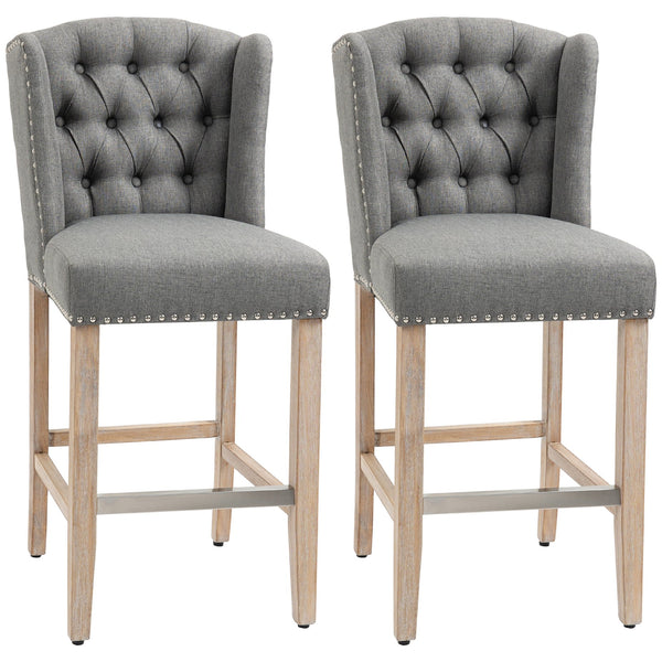 English Elm HOMCOM 26.75" Counter Height Bar Stools Set of 2 with Cushioned Linen Seats & Solid Wood Legs, Light Gray W2225P173998