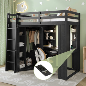 English Elm Twin Loft Bed with Wardrobe Desk Charging Station and Spotlights for Small Rooms Black LT000450AAB
