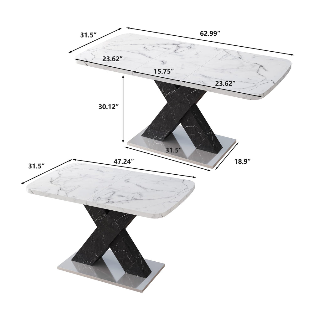 English Elm Modern Rectangle Dining Table - Stretchable White Marble Top With Black X-Leg Design For Stylish Dining W757P242764