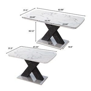 English Elm Modern Rectangle Dining Table - Stretchable White Marble Top With Black X-Leg Design For Stylish Dining W757P242764