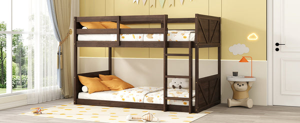 English Elm Twin Twin over Twin Floor Bunk Bed with Rustic Panel Headboards, Solid Rubberwood Frame, Space-Saving Design Antique Dark Oak W504P263818