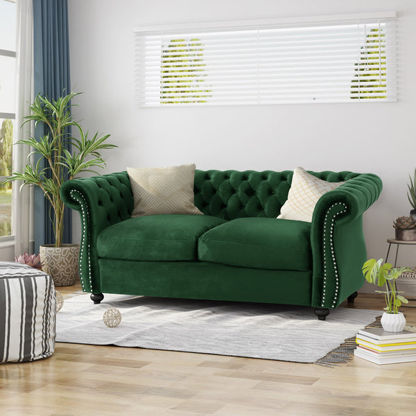 English Elm Christopher Knight Home® - LOVESEAT Plush Velvet Tufted Diamond Stitch with Nailhead Trim and Scrolled Arms for Luxe Comfort Emerald 63045.00NVLTEMD