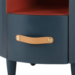 English Elm Christopher Knight Home® - Contemporary Round Nightstand with Drawer & Open Shelf, Curved Bedside Table with Leather Handles Blue 22 L x 22 W x 19.75 H N761P285708C