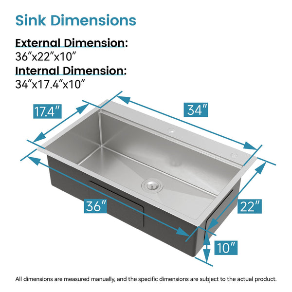 English Elm Stainless Handmade 36 Inch Single Bowl Drop-in Kitchen Sink with Accessories Included T3177P296185