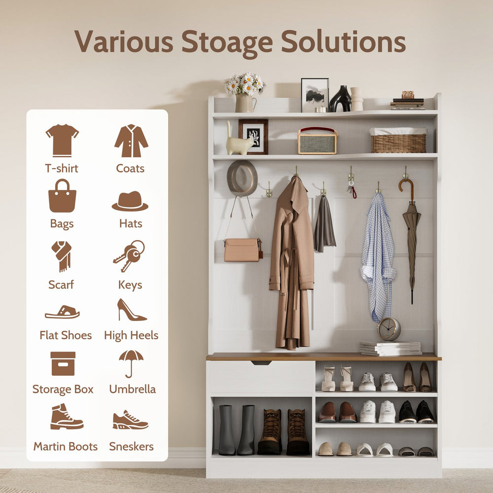 English Elm Hall Tree Entryway Organizer with Flip Shoe Storage Bench Coat Hooks and Drawer White+Walnut T5618P448220