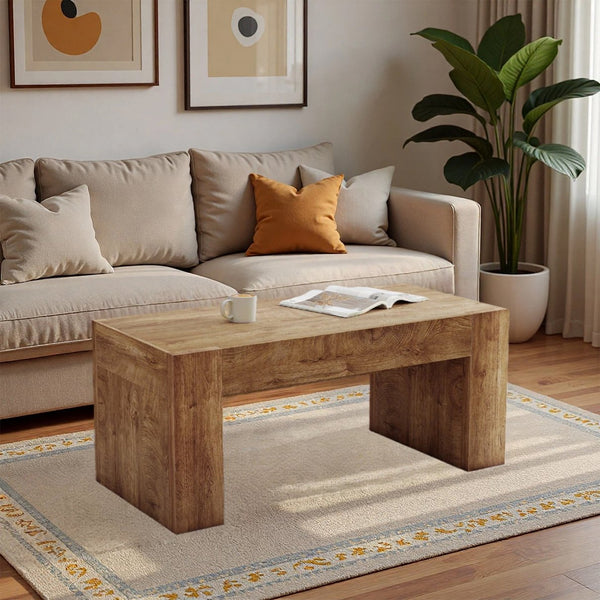 English Elm 48" Farmhouse Rectangle Wood Coffee Table with Hidden Drawer and Open Lower Shelf W3204P401251