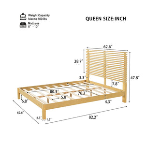 English Elm Premium Solid Pine Queen Platform Bed Architectural Slat Headboard Modern Bedroom Natural N770PQ367009N