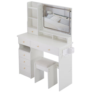 English Elm 41" Large Desktop Vanity Table Set With Cushioned Stool, Led Mirror, Power Station & Hair Dryer Stand W936P230830