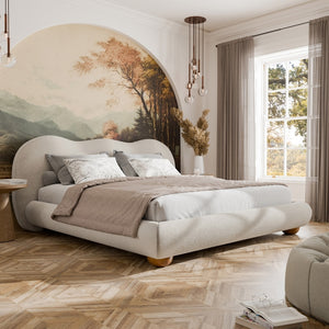 English Elm White Boucle King Bed Camelback Headboard Natural Bun Feet Contemporary Bedroom B2741S00829