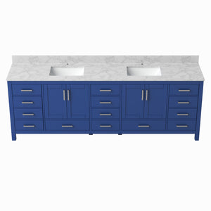 English Elm 96" Freestanding Navy Wood Bathroom Vanity with Carrara Countertop and Ceramic Basin T3785P442234