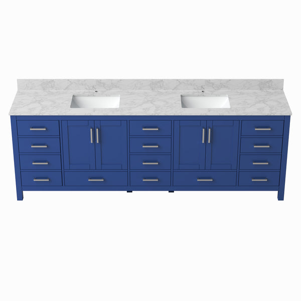 English Elm 96" Freestanding Navy Wood Bathroom Vanity with Carrara Countertop and Ceramic Basin T3785P442234