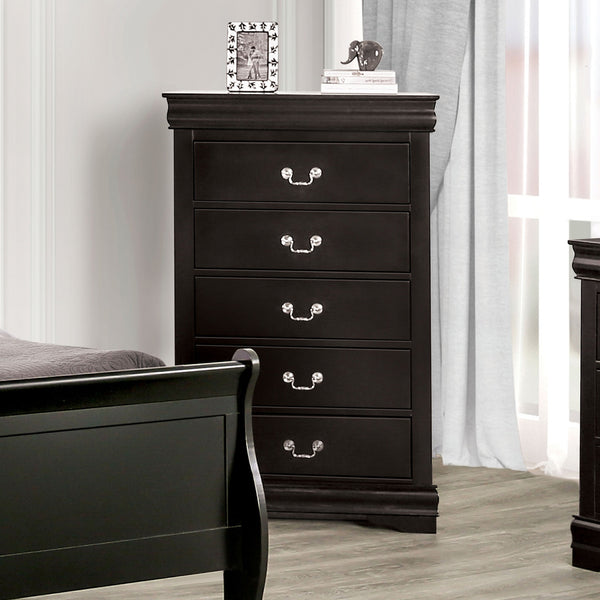 English Elm Dark Transitional 5-Drawer Chest in Rich Finish with Nickel Oval Knobs Durable Wood Blend Craftsmanship Black 33 L x 18 W x 52 H B2741P372714