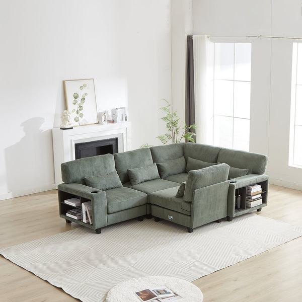 English Elm 102.75*102.75" L-Shaped Modular Sectional Sofa with Corduroy Upholstery, Storage Arm, Cup Holder, 5-Seat Convertible Lounge Green W1926S00054