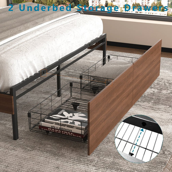 English Elm Bed Frame Full with Led Headboard Bookshelf Drawers Rustic Wood Storage Platform W2129P390128