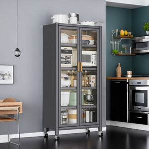 English Elm Open-door Vertical Kitchen Storage Cabinet with Microwave Shelf, Bakers Rack, 250KG Capacity Wheels Grey W509P164655