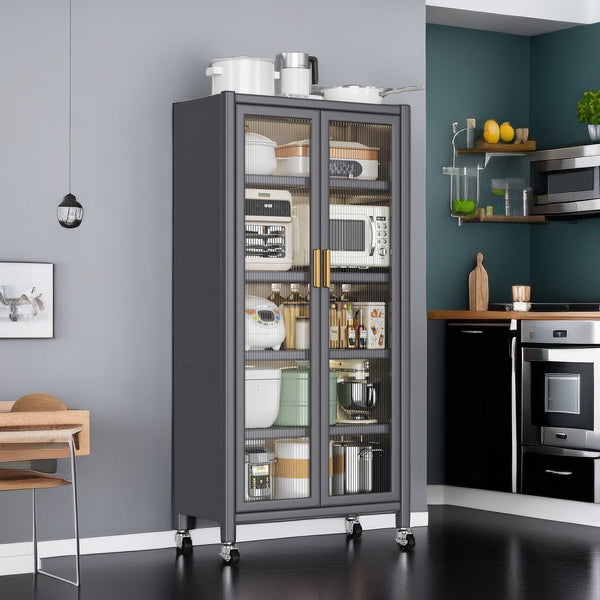 English Elm Open-door Vertical Kitchen Storage Cabinet with Microwave Shelf, Bakers Rack, 250KG Capacity Wheels Grey W509P164655