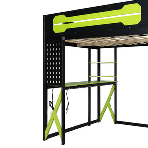 English Elm Full Size Loft Bed with Rgb Lighting Chevron Desk Usb Charging Ports and Storage Shelves Black+Green LT000286AAG