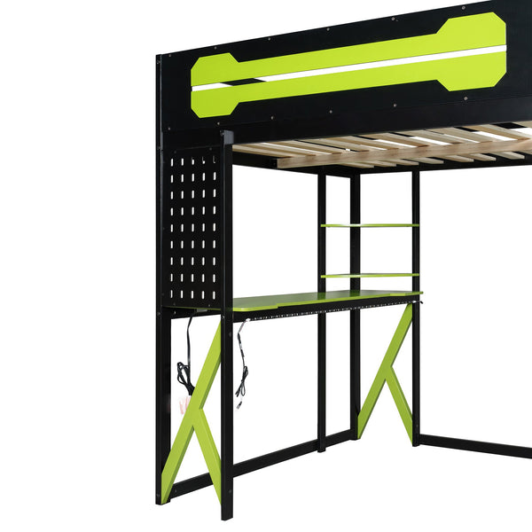 English Elm Full Size Loft Bed with Rgb Lighting Chevron Desk Usb Charging Ports and Storage Shelves Black+Green LT000286AAG