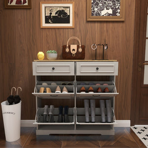 English Elm Shoe Storage Cabinet - Stylish Antique White Organizer With 4 Flip Drawers & Adjustable Shelf For Entryway W1120P290633-GIGA