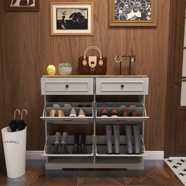 English Elm Shoe Storage Cabinet - Stylish Antique White Organizer With 4 Flip Drawers & Adjustable Shelf For Entryway W1120P290633-GIGA