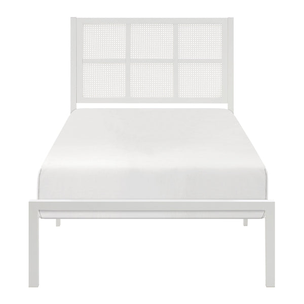 English Elm 1pc Twin Platform Bed with Dark Metal Frame and Faux Cane Panel Headboard, Coastal Casual Design, No Box Spring Needed White 47.25 L x 28 W x 3.75 H B011P214039