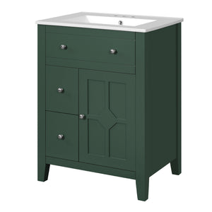 English Elm 24" Modern Bathroom Vanity with Ceramic Basin, French Country Cross-Grid Design & Soft-Close Drawers Green N710P280655F
