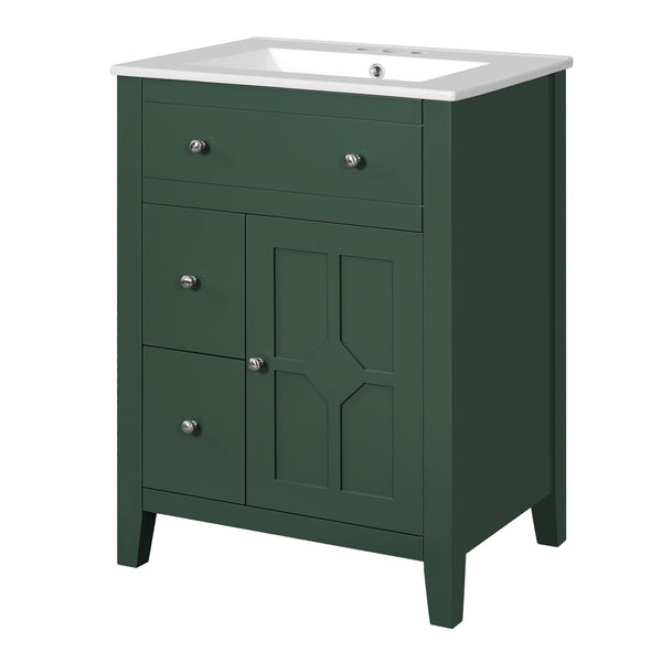 English Elm 24" Modern Bathroom Vanity with Ceramic Basin, French Country Cross-Grid Design & Soft-Close Drawers Green N710P280655F