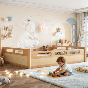 English Elm Queen Low Profile Floor Bed Pine Wood Frame Japandi Minimalist Bedroom Design Natural W1580P438796