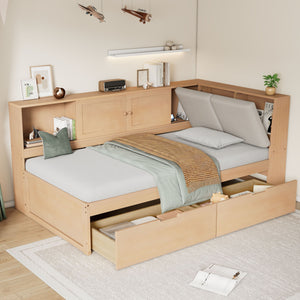 English Elm Wooden Full Size Corner Daybed Pine Frame Bookcase Storage Drawers Usb Charging BS701P337654N