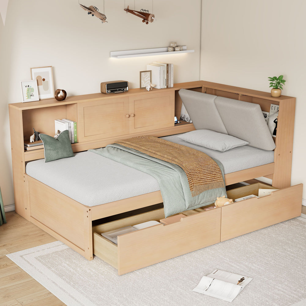 English Elm Wooden Twin L-shaped Corner Bed Pine Frame Bookcase Storage Usb Charging Ports BS701P337660N