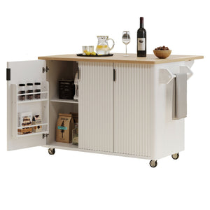 English Elm K&K 51" Fluted Kitchen Island with Waveform Panels, Drop Leaf, Rolling Cart with Towel Rack and Storage White N707P221446W