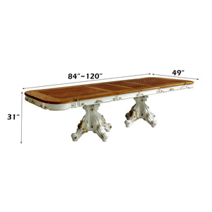English Elm Dining Rectangular Double Pedestal Table Top with Removable Leaf, Antique White/Cherry Parquet Veneer Finish, Ornate PolyResin Trim B2726P373705