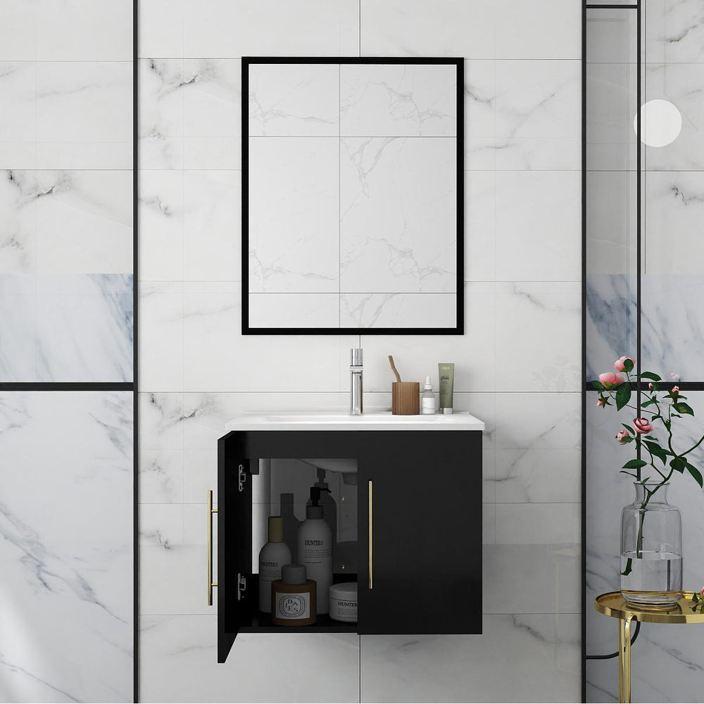English Elm 24-Inch Modern Wall-Mounted Bathroom Vanity With Sink & Mirror, Soft Close Doors & Gold Accents W3151S00035