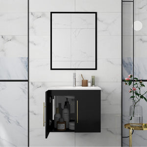 English Elm 24-Inch Modern Wall-Mounted Bathroom Vanity With Sink & Mirror, Soft Close Doors & Gold Accents W3151S00035