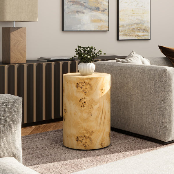 English Elm Jennifer Taylor Home - Nebula Burl Wood 22" Accent Pillar Side Table in Warm Natural Brown — Unique Grain, Durable Plinth B2719P405638