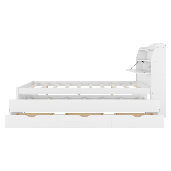 English Elm Full Size Wooden Led Platform Bed With Trundle, Storage Headboard & Drawers - Stylish White Design N820S00009K