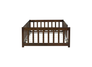 English Elm Twin Solid Rubberwood Floor Bed with Full Perimeter Safety Rails for Toddler Rooms Espresso W504P296797