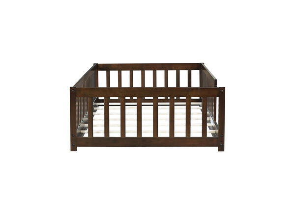 English Elm Twin Solid Rubberwood Floor Bed with Full Perimeter Safety Rails for Toddler Rooms Espresso W504P296797