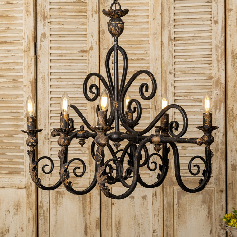 English Elm Vintage Wrought Iron 6-Light Candle Chandelier - Elegant Matte Black Fixture For Farmhouse Decor W2946P243880-GIGA