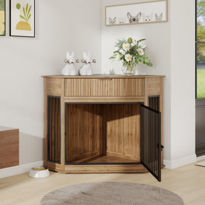 English Elm 44.6'' Corner Mdf Dog Kennel Cabinet with Fluted Drawer End Table for Modern Living Natural Walnut W5216P415905