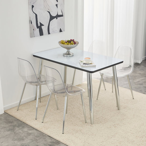 English Elm Table and Chair Set with Marble Glass Top Silver Legs Four Transparent Seats W1151S04648