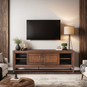 English Elm 74" TV Stand Console Rustic Buckeye & Black Two-Tone Finish, Preassembled Media Console for TVs up to 85" B108P163818